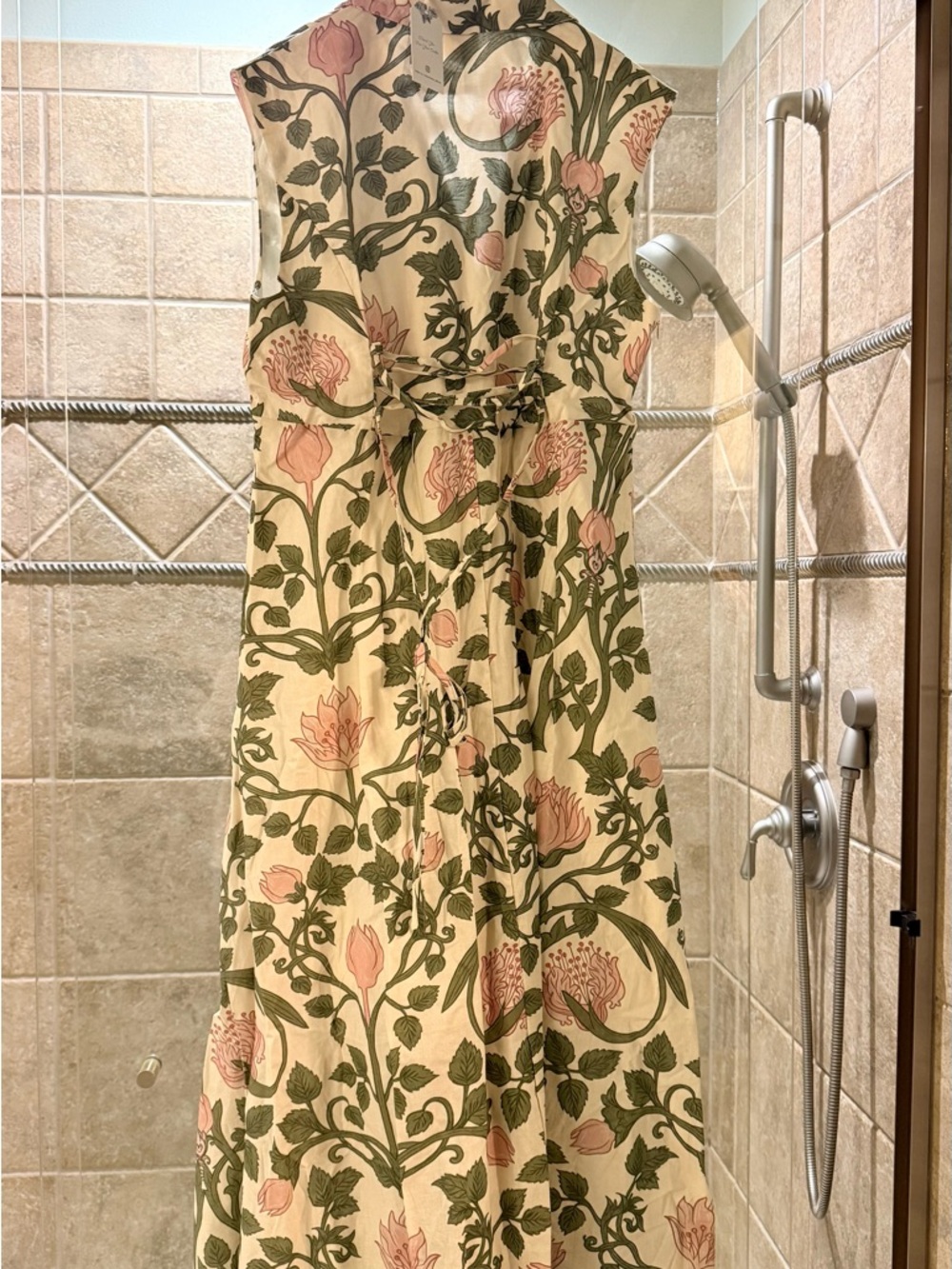 Cream Linen Maxi Dress with Green Botanical Print and Pink Accents with POCKETS